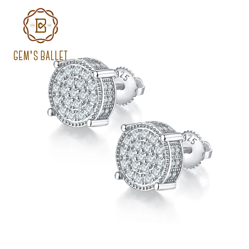 

GEM'S BALLET 18K White Gold Plated 925 Sterling Silver Iced Out Moissanite Screw Back Stud Earring For Men Women Hip Hop Jewelry