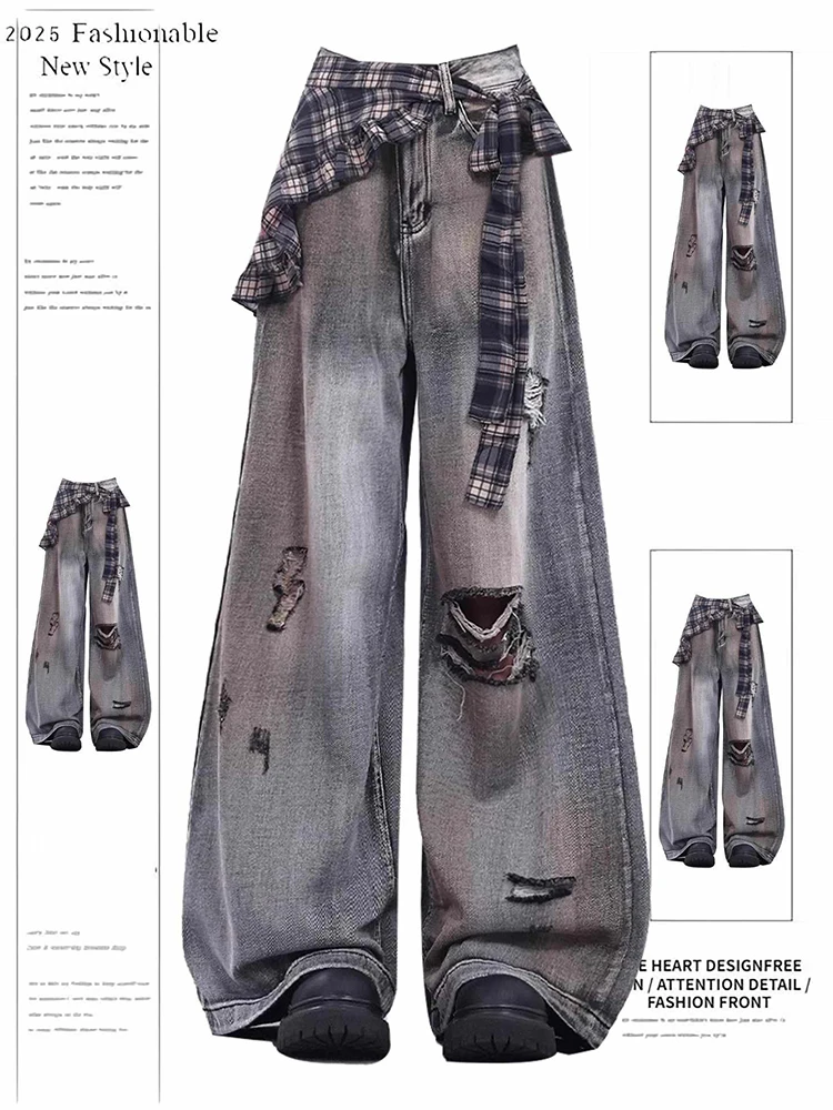 

Женские мешковатые джинсы 2000-х годов Y2k, японская уличная одежда, рваные джинсовые брюки с дырками, широкие длинные брюки в американском стиле ретро, новинка