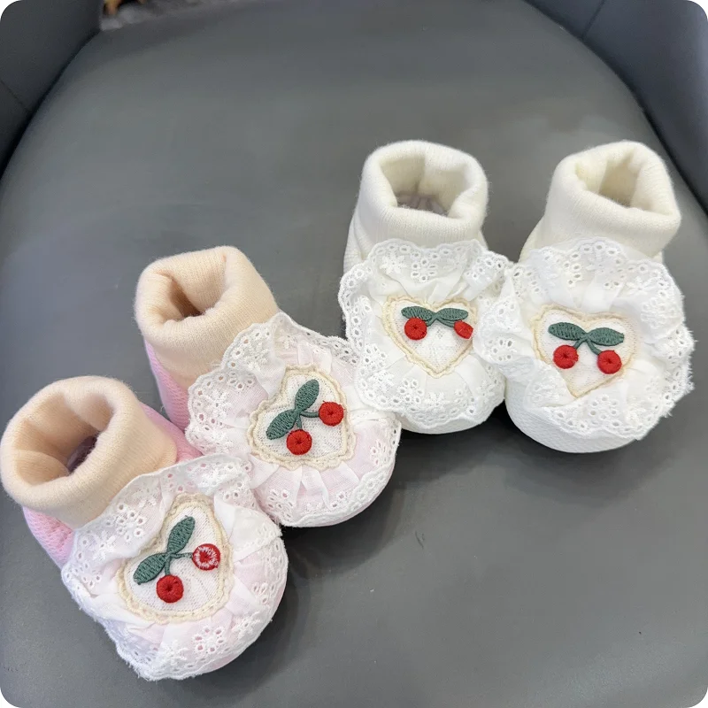 0-1 Year Little Cherry Newborn Keep Warm in Winter Crib Shoes Infant Cotton Elastic anti drop soft Shoes Baby Flat Shoes