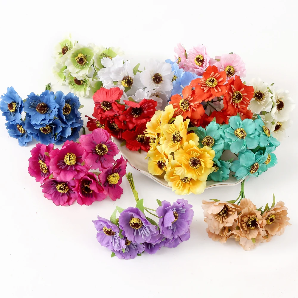 6Pcs Artificial Daisy Stamens Flowers Bouquet For Wedding Home Decorations DIY Scrapbooking Christmas Wreath Craft Accessories