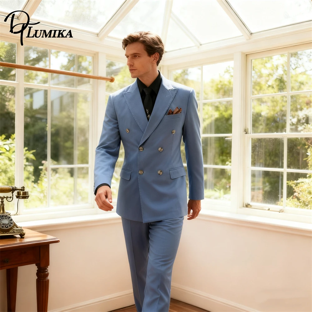 

DTLumika Solid Formal 2-Piece Suit for Men, Double Breasted Jacket with Matching Pants M-4XL Big Man Business Notched Tuxedo