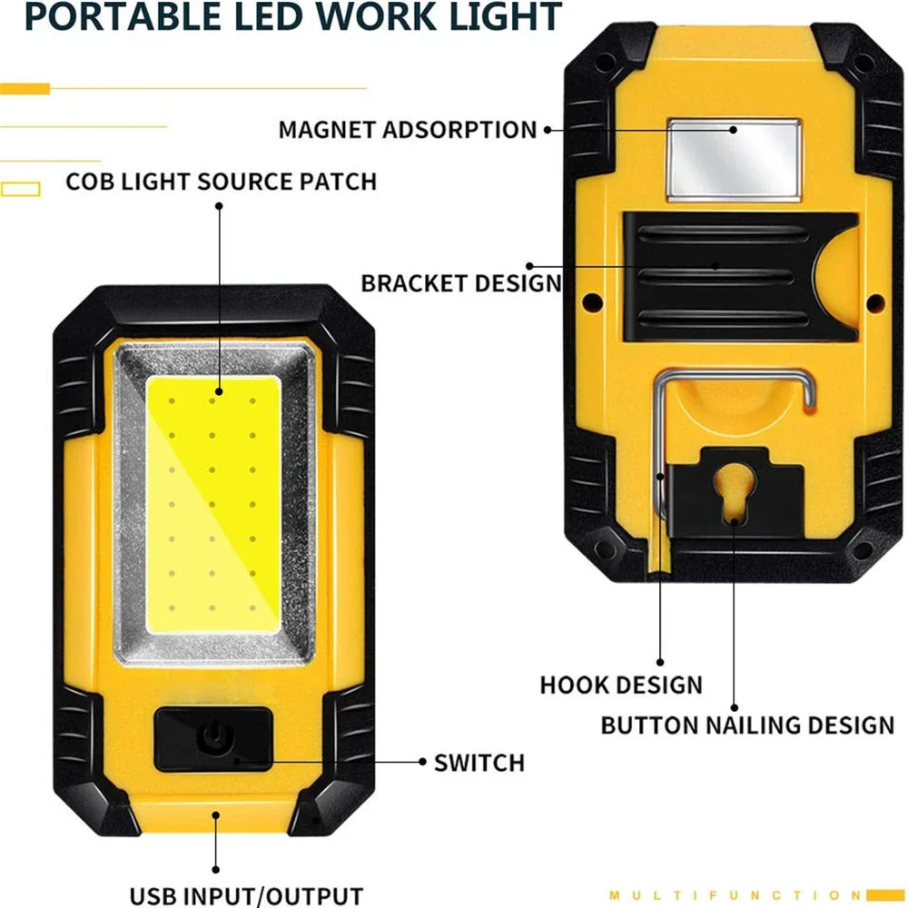 USB 충전식 LED 작업등 COB 손전등, 마그네틱 휴대용 야외 캠핑 낚시 랜턴, 비상 검색 램프