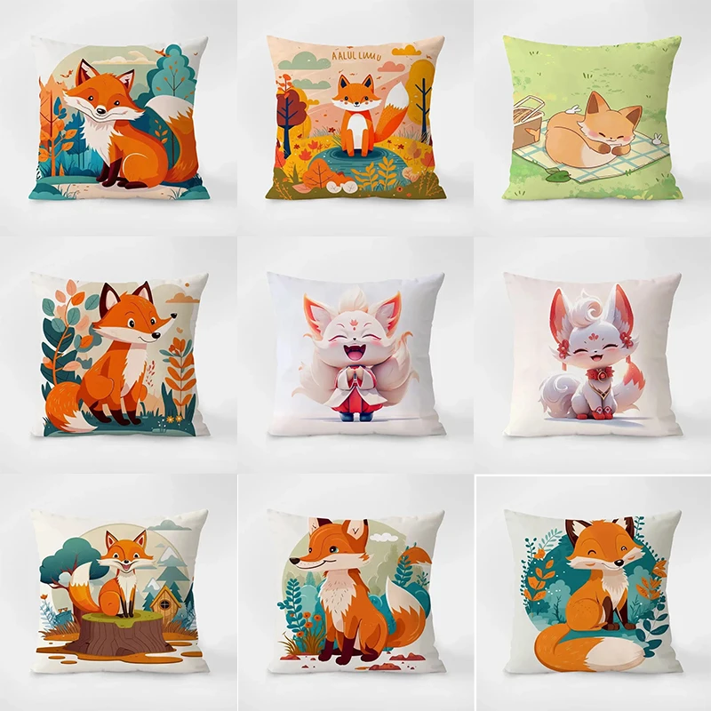 Cartoon Fox Pattern Pillowcase Square Car Sofa Office Cushion Pillowcase