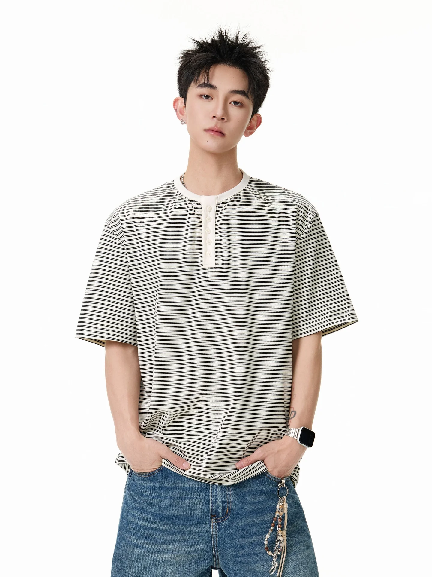 Loose Casual Stripe ort Sve T-irt Men's Street Sle Vintage Henry Collar Comfortable Soft Versatile Summer Top