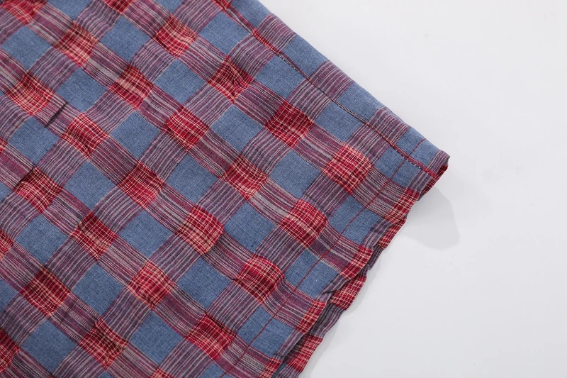 Kreppige, strukturierte, karierte Wide-Leg-Hose in Blau-Rot mit elastischem Bund, Lounge-Hose, Oversize-Vintage-Preppy-Freizeithose – Detail 8