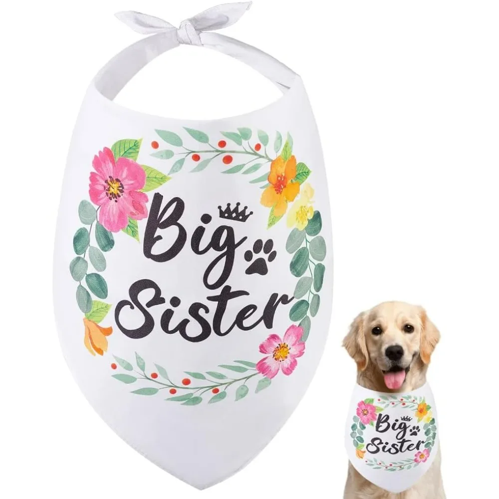 1 Pc Pet Dog Bandana White Cotton Triangle Pet's Bandana Big Sister Words Flower Washable Puppy Cat Scarf Bibs Accessories