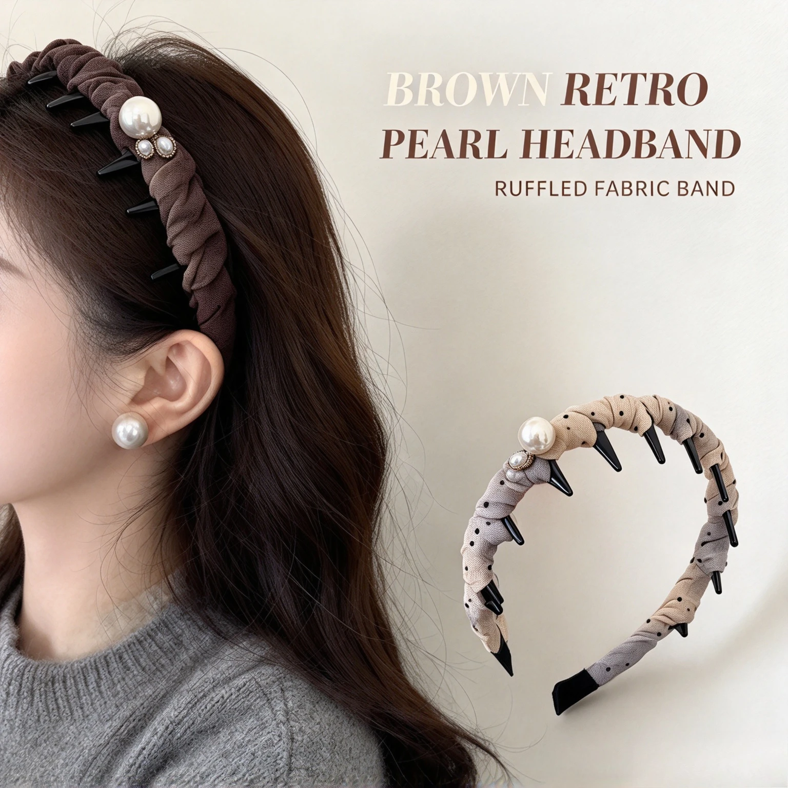 2026 Korean Style Ruffled Fabric Pearl Headband Non Slip Teeth Grip Pressure Headband High Top Skull Retro Women Hair Accessory