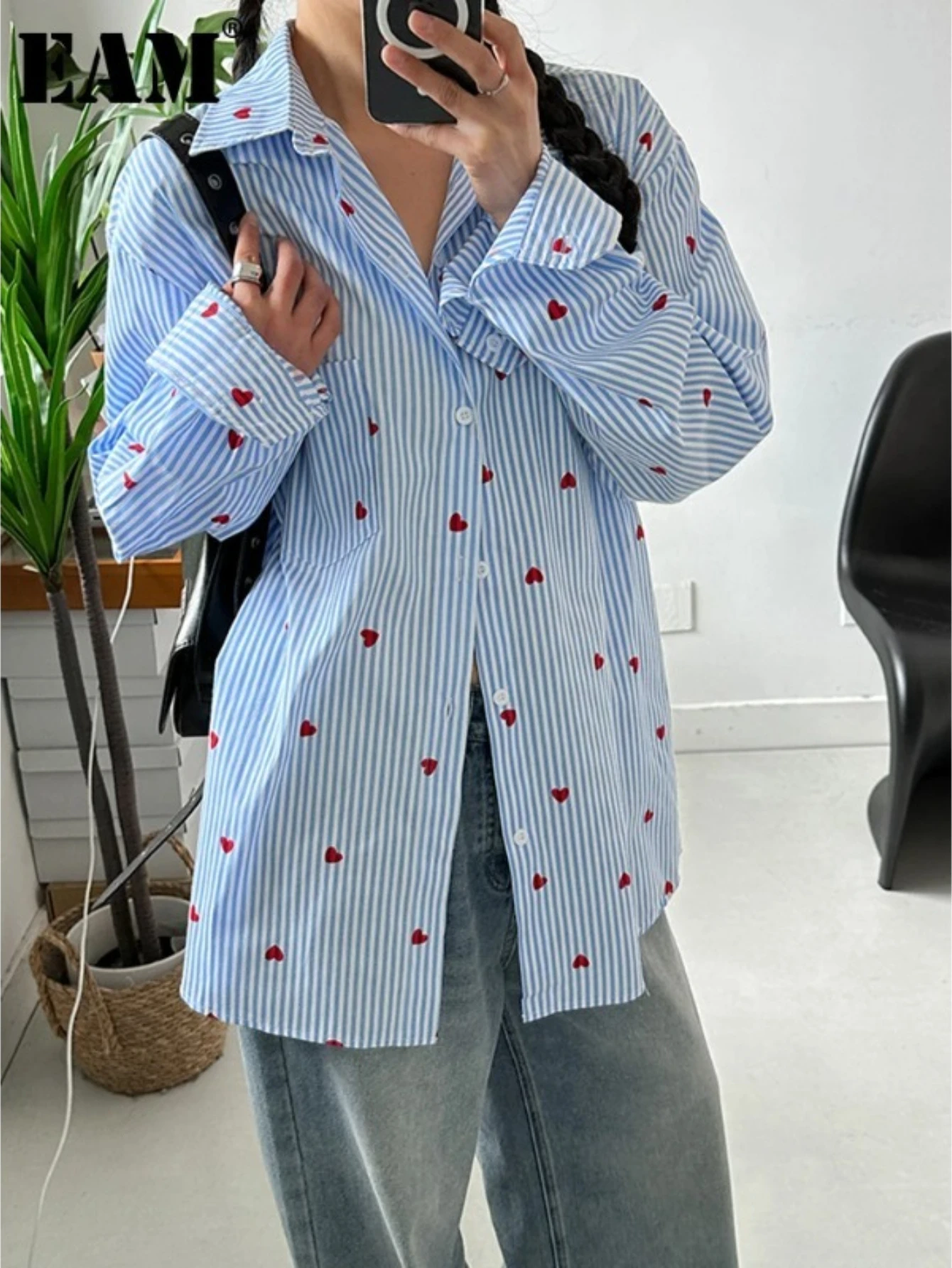 

Европейская и американская полосатая рубашка с длинным рукавом, женская одежда, осенняя коллекция 2025, повседневный стиль, синяя рубашка-кардиган