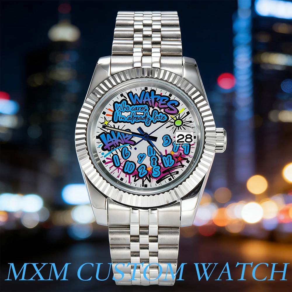 

Креативные мужские роскошные часы NH35 с граффити-дизайном циферблата, 39 мм/36 мм, автоматический механизм NH35, сапфировое стекло, водонепроницаемость 10ATM.