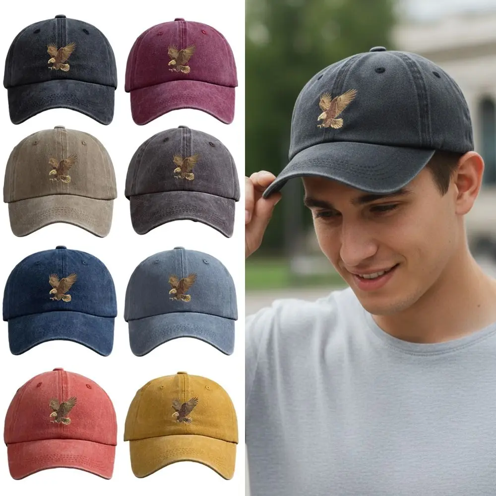 

Washed Cotton Eagle Print Baseball Cap Visor Adjustable Peaked Cap Sunscreen Hats