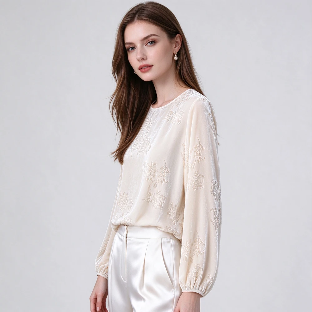 Off White Luxury Gold Wire Burnt Flower 30% Natural Mulberry Silk Velvet Round Neck Long Sleeved Women's Fashionable T-shirt