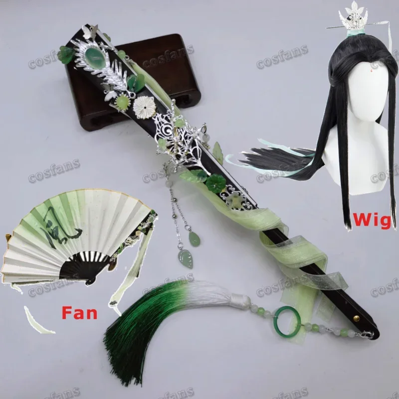 Anime Tian Guan Ci Fu Shi Qingxuan Hair Crown Folding fan Shi Qing Xuan Black Long Straight Wig Crown Halloween wig Accessories