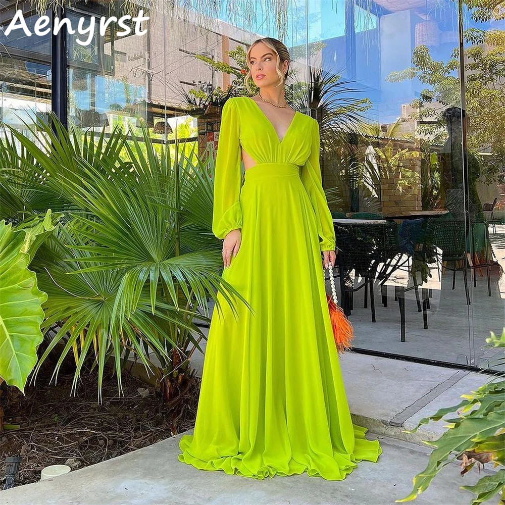 Aenyrst Simple V Neck Long Sleeves A line Cocktail Dresses Chiffon Open Back Holiday Gowns Floor Length Dinner Party Dress 2024