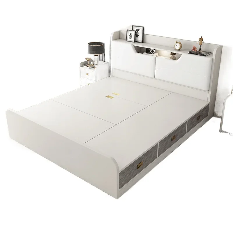 

Solid wood high box bed 1.8 meters double soft bag household bed thickened multi-functional plate bed rental house 1.1m storage