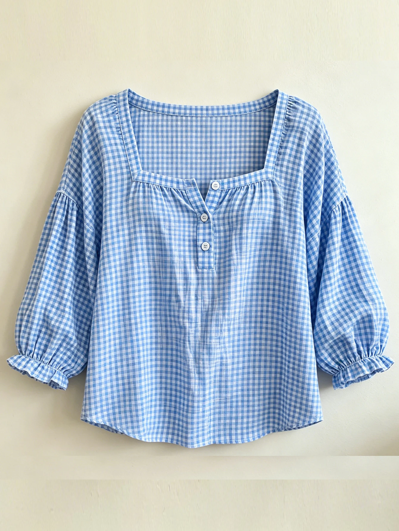 Casual Daily Square Collar Tops Half Button Lantern Elastic Cuff Ladies Blouse grid pattern Shirts view 6