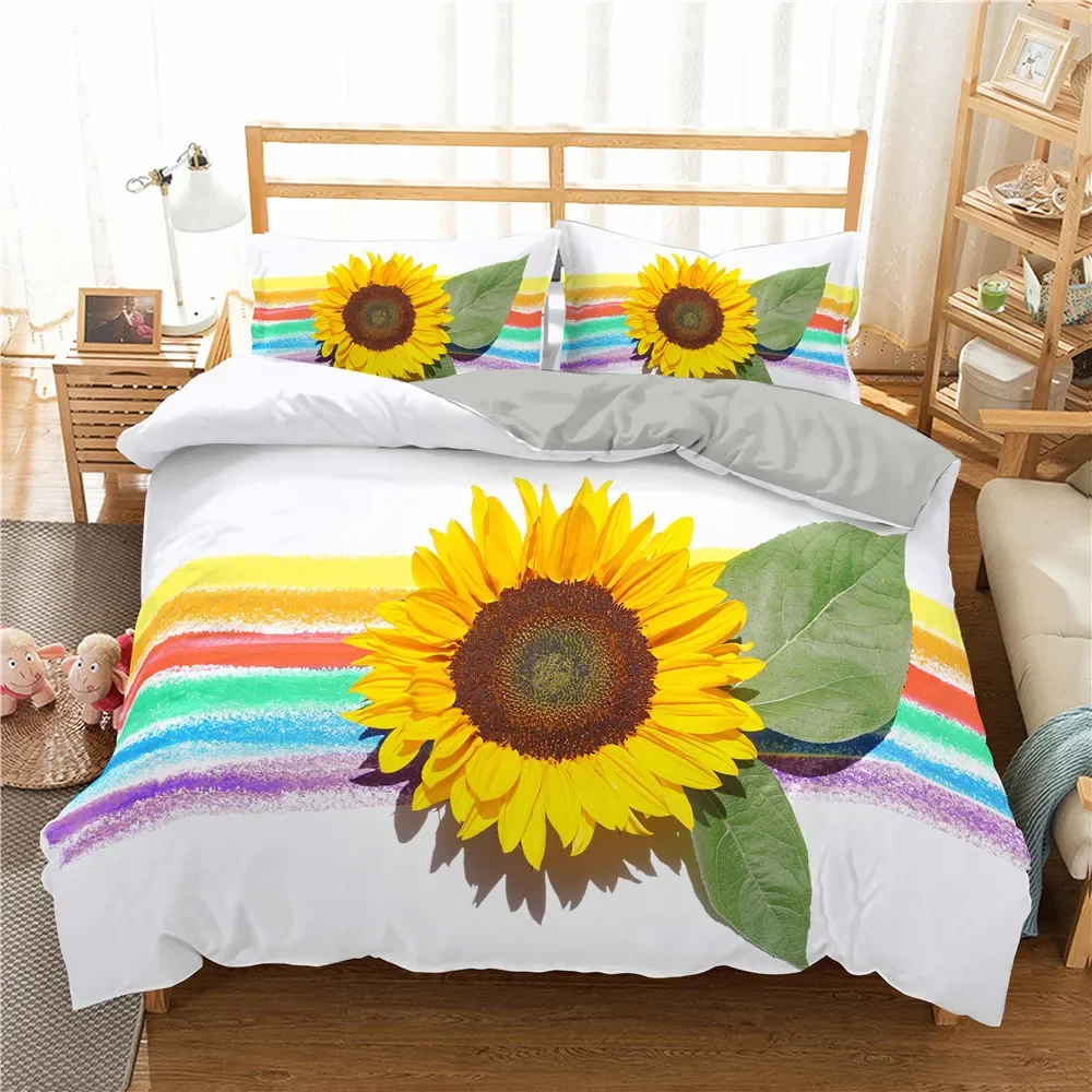 Sunflower Rainbow King Queen Duvet Cover Yellow Flowers Bedding Set for Girl Women Floral Colorful 2/3pcs Polyester Quilt Cover