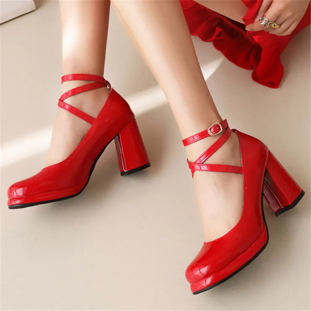 ربيع الخريف براءات الاختراع والجلود ماري جين أحذية مضخات المرأة عبر حزام مشبك عالية الكعب أحذية منصة القوطي امرأة الأخفاف #4