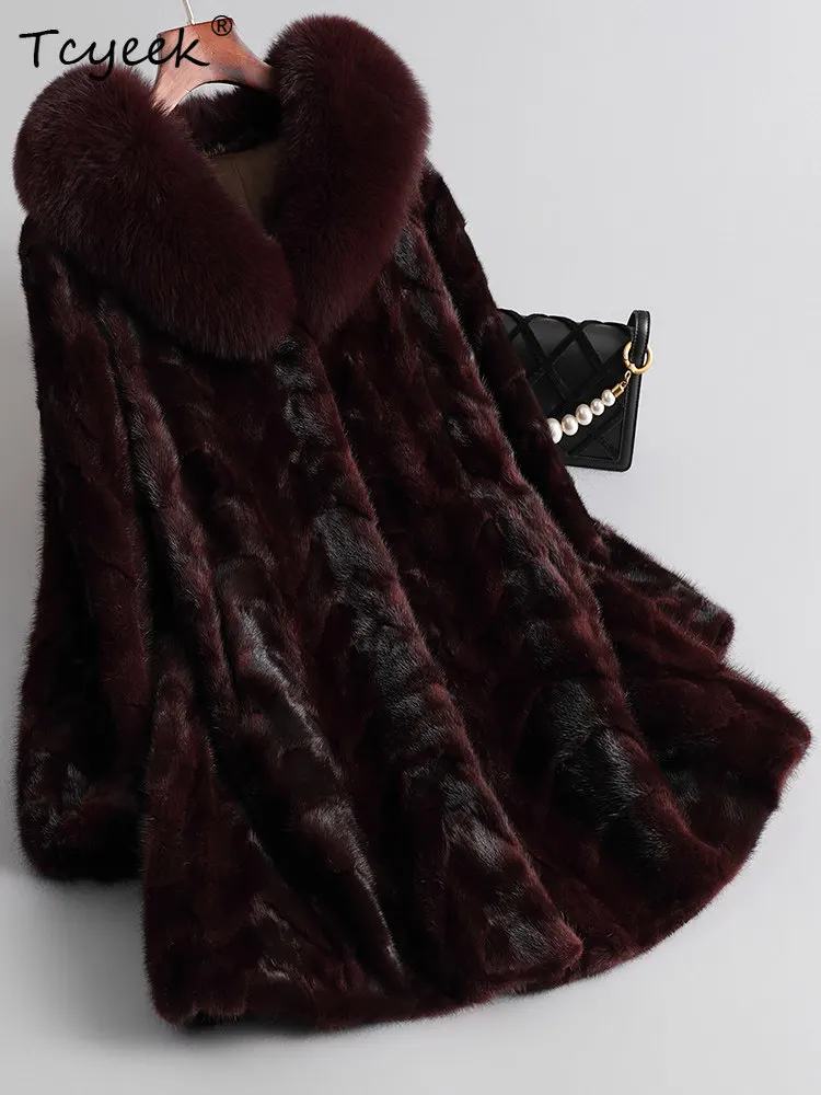 Tcyeek 100 % Nerz Pelzmantel Frauen Winter Kleidung Fuchs Pelz Kragen Damen Mäntel Mode Neu in Mäntel 2025 Mid-länge Fourrure Femme