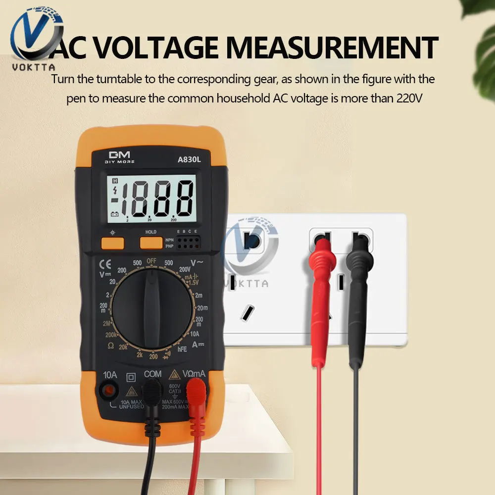 Imagem -04 - Multímetro Digital Medidor de Tensão Inteligente Amperímetro Tester Diodo Frequência Ohm Transistor Capacitância A830l ac dc