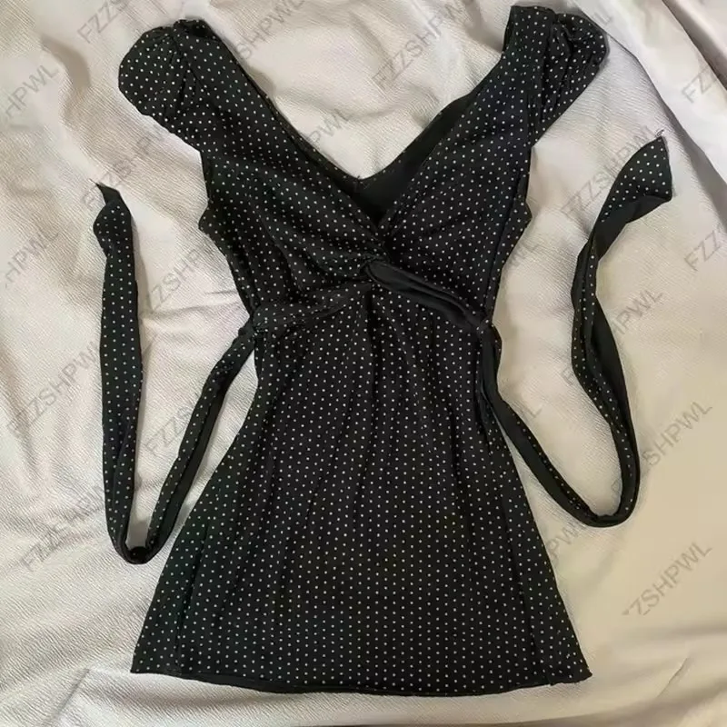 

New French Cross V Neck Short Sleeve Short T Shirts Vintage High Street Polka Dot Print Slim Waist Lace Up Tank Top Y2k Thin Tee