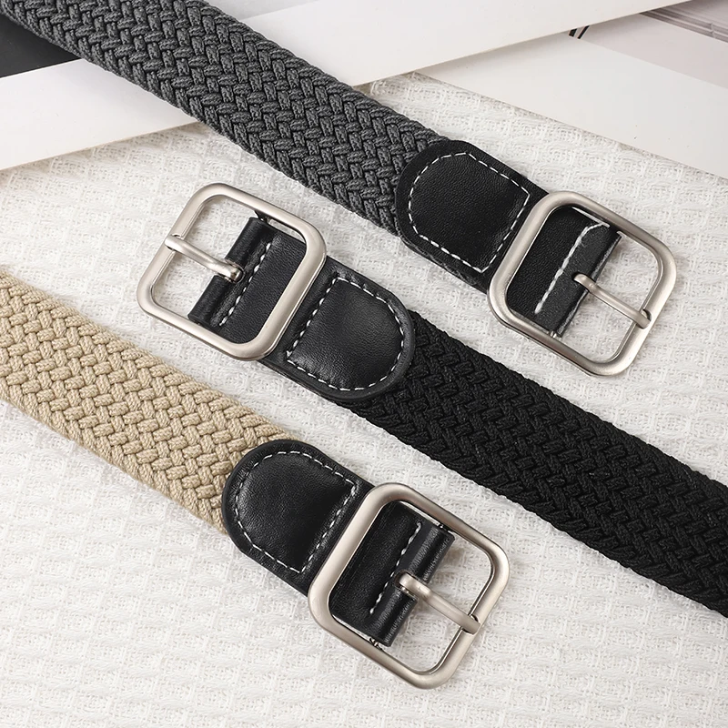 Woven elastic belt for men and women, black belt, simple and versatile, student jeans, decorated without holes, Korean trend