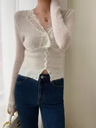 Elegant White Lace Edge Knitted Cardigan Women'S Autumn/Winter 2024 New V-Neck Tight Fit Slimming Base Top