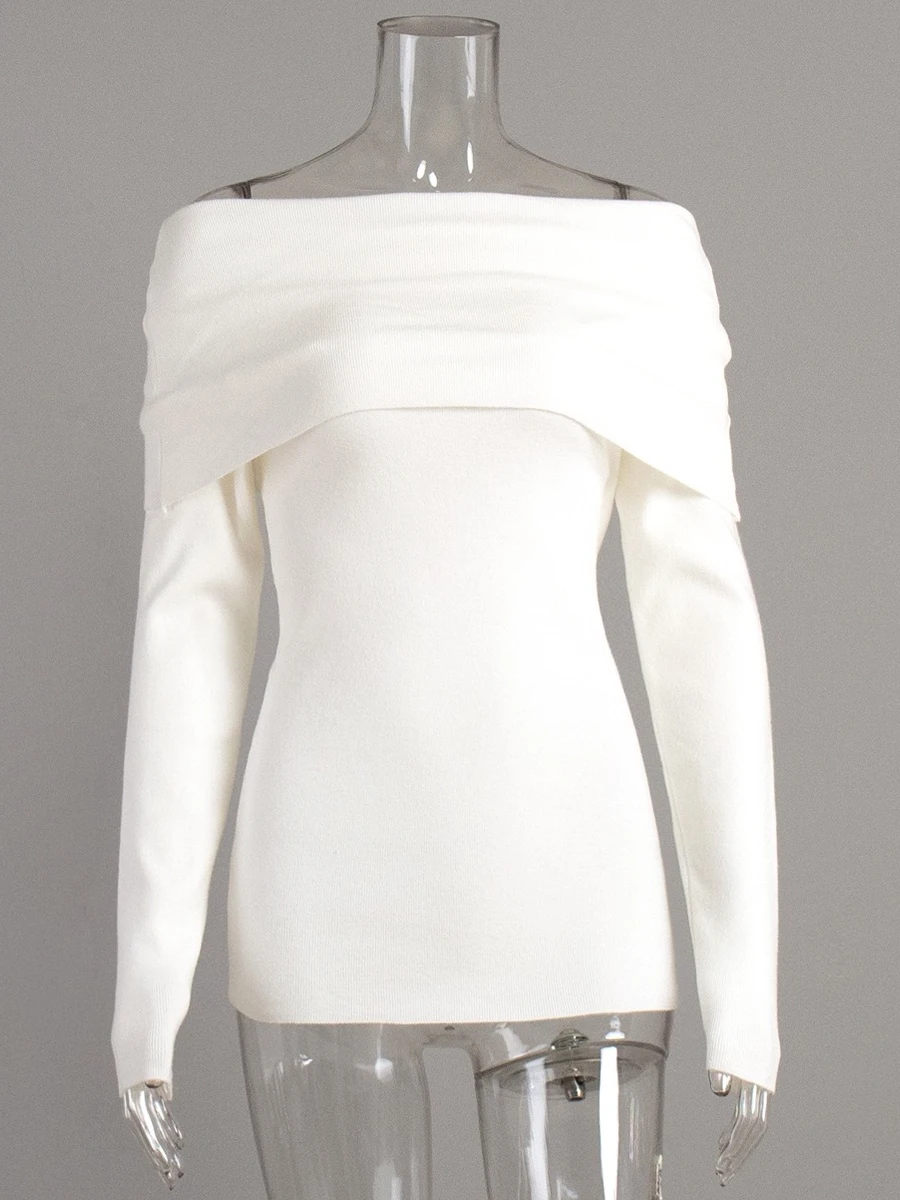 Women's Pullover Sweater 2026 Fall Winter Long-Sleeve Knit Top—Off-the-Shoulder Sexy Figure-Hugging Shoulder-Baring Top