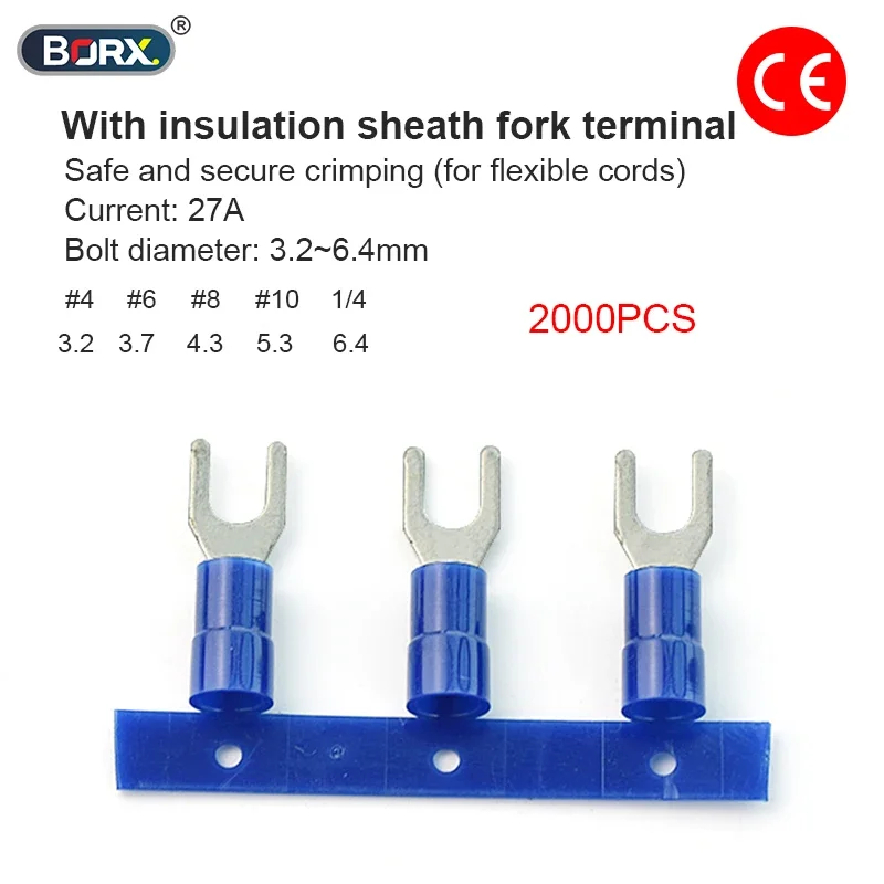 2000PC JST SVN 27A 16-14AWG Blue Connecting Insulated Sheath Fork Terminals，#4/#6/#8/#10 1/4 wire connector wire terminals Crimp