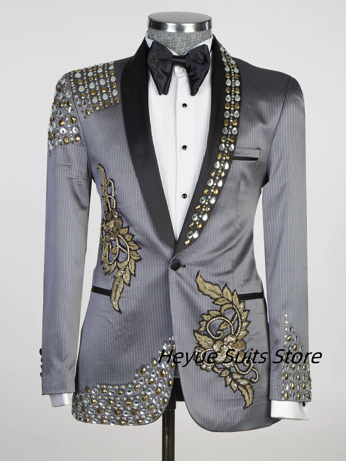 Classic Stripe Embroidery Diamond Men Suits Slim Fit Groom Tuxedos  Wedding 2 Pieces Sets Male Blazers Customized ropa hombre