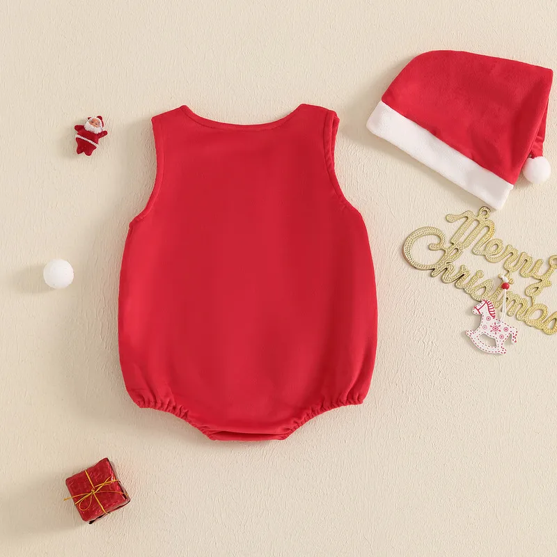 RUEWEY 0 to 18 Months Christmas Baby Girls Boys Bodysuit Santa Shaped Sleeveless Infant Bodysuits with Hat