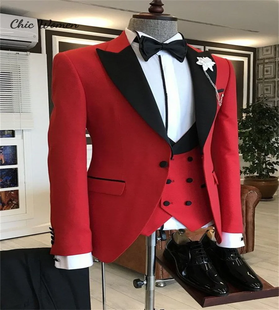 

Fashiaon Red With Black Wedding Suits Peak Lapel Costume Homme Bespoke Prom Outfit Blazer 3 Pieces Terno Masculino Male Tuxedos