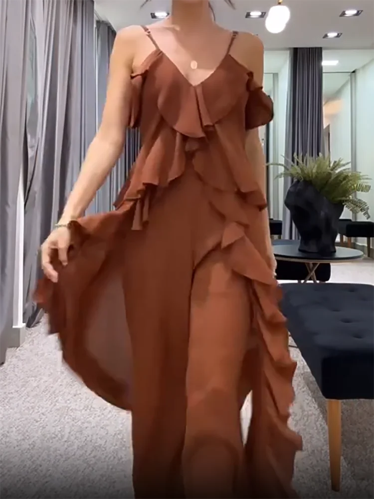 Set da due pezzi con top corto con cinturino per spaghetti, completo chic patchwork con stampa estiva da donna, pantaloni a gamba larga con fasciatura 2025 Abiti da donna