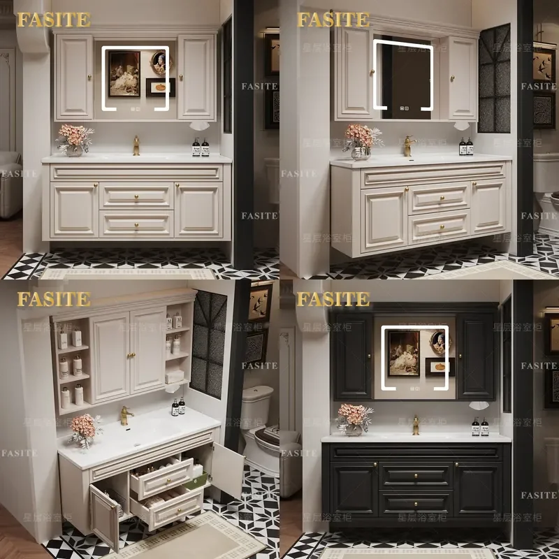 For American Feng Shui French Retro Solid Wood Bathroom Cabinet with Integrated Ceramic Basin Washstand Vanity Combo