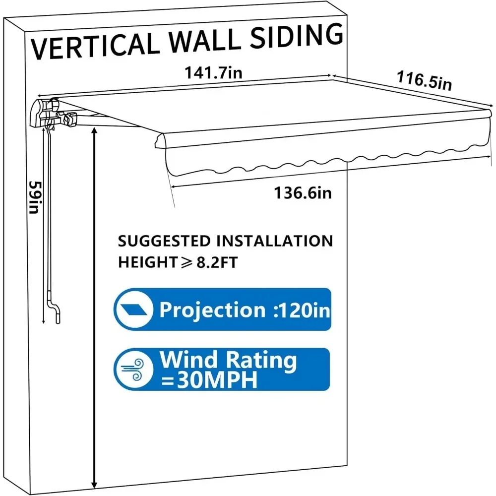 Manual Retractable Patio Awning 12x10 FT, Outdoor Window Sun Shade Shelter with Crank Handle & Canopy for Deck, Backyard, Garden