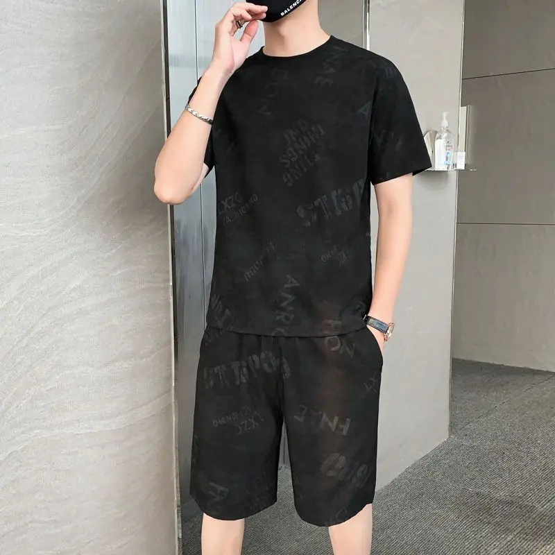 High-Quality Ice Silk Short Sleeve Suit Men's Casual Sportswear Printed T-Shirt Summer Thin Style Trend Two-Piece Set