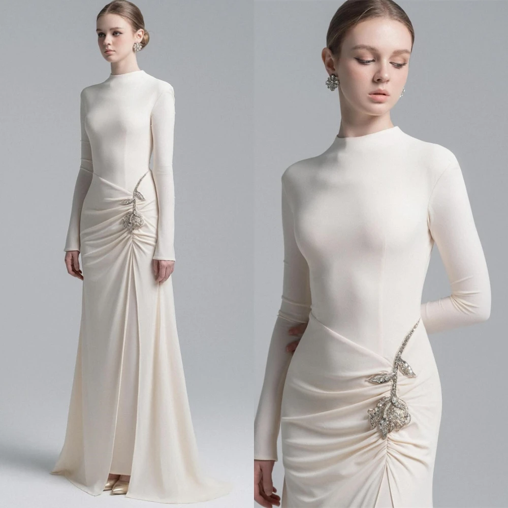 

Customized Delicate O-Neck Evening Dress Elegant Jersey Long Sleeves Prom Dresses Modern Sweep Train Homecoming Dress