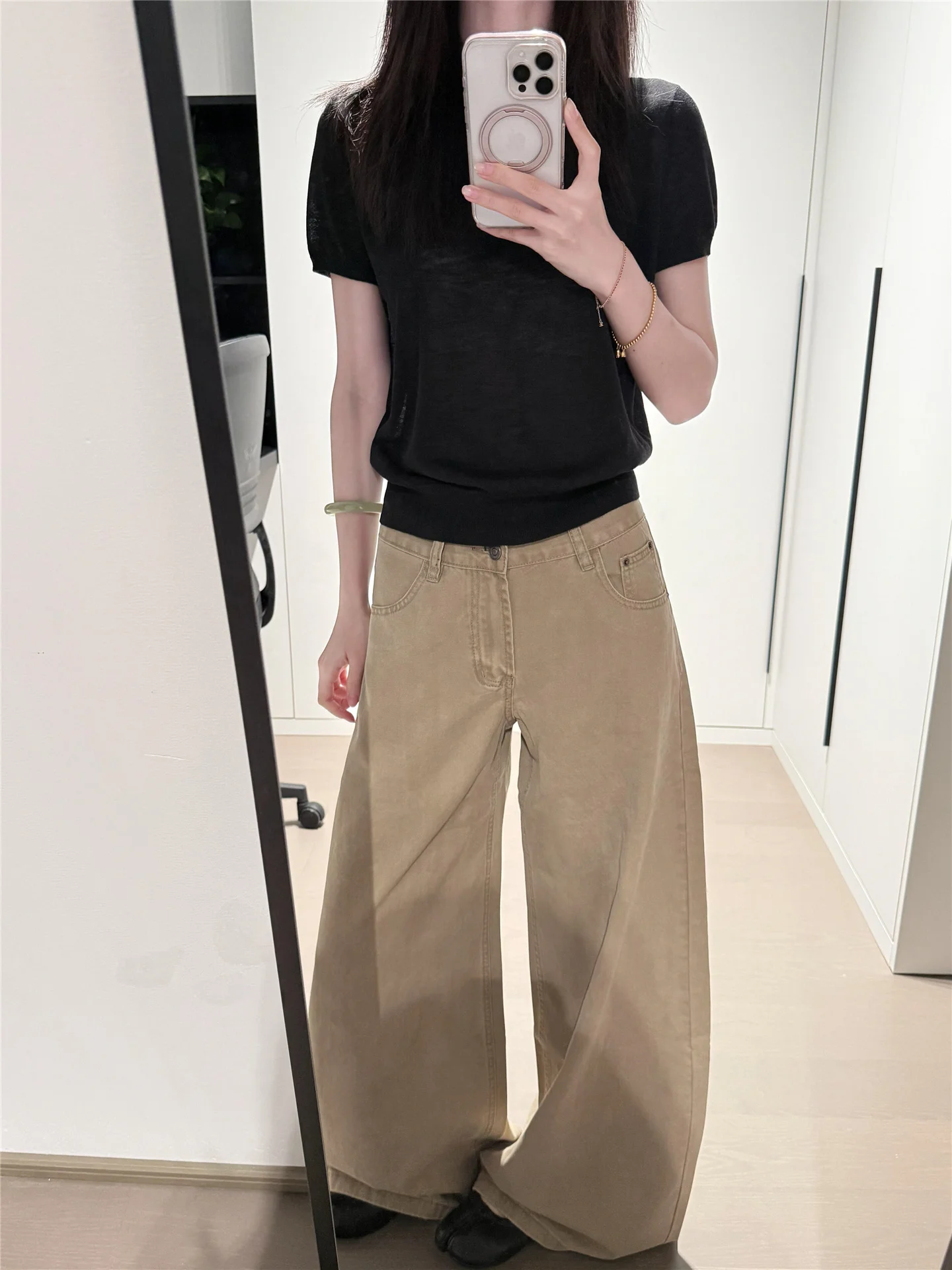 

Женские летние джинсы цвета хаки с широкими штанинами, высокой талией, свободного кроя, удлиненные, прямые, в пол, в стиле lazy style