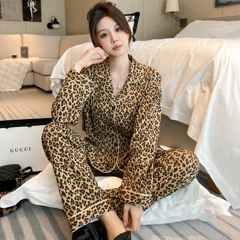 

Night Wear Woman Sexy Plus Size Thin Long Sleeve Sexy Leopard Print Cardigan Button-Up Top Trousers 2 Piece Set Vulgar Sleepwea