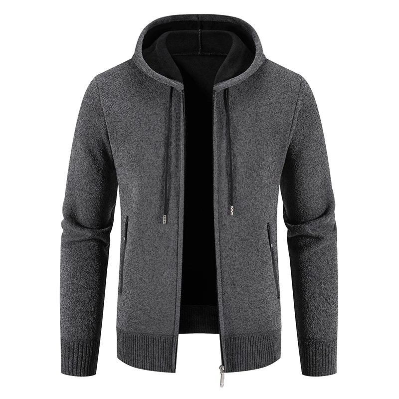 2024 New Winter Mens Sweaters Hooded Fleece Cardigan Men Knitted Warm Sweatercoat Solid Casual Hooded Sweater Jacket Man