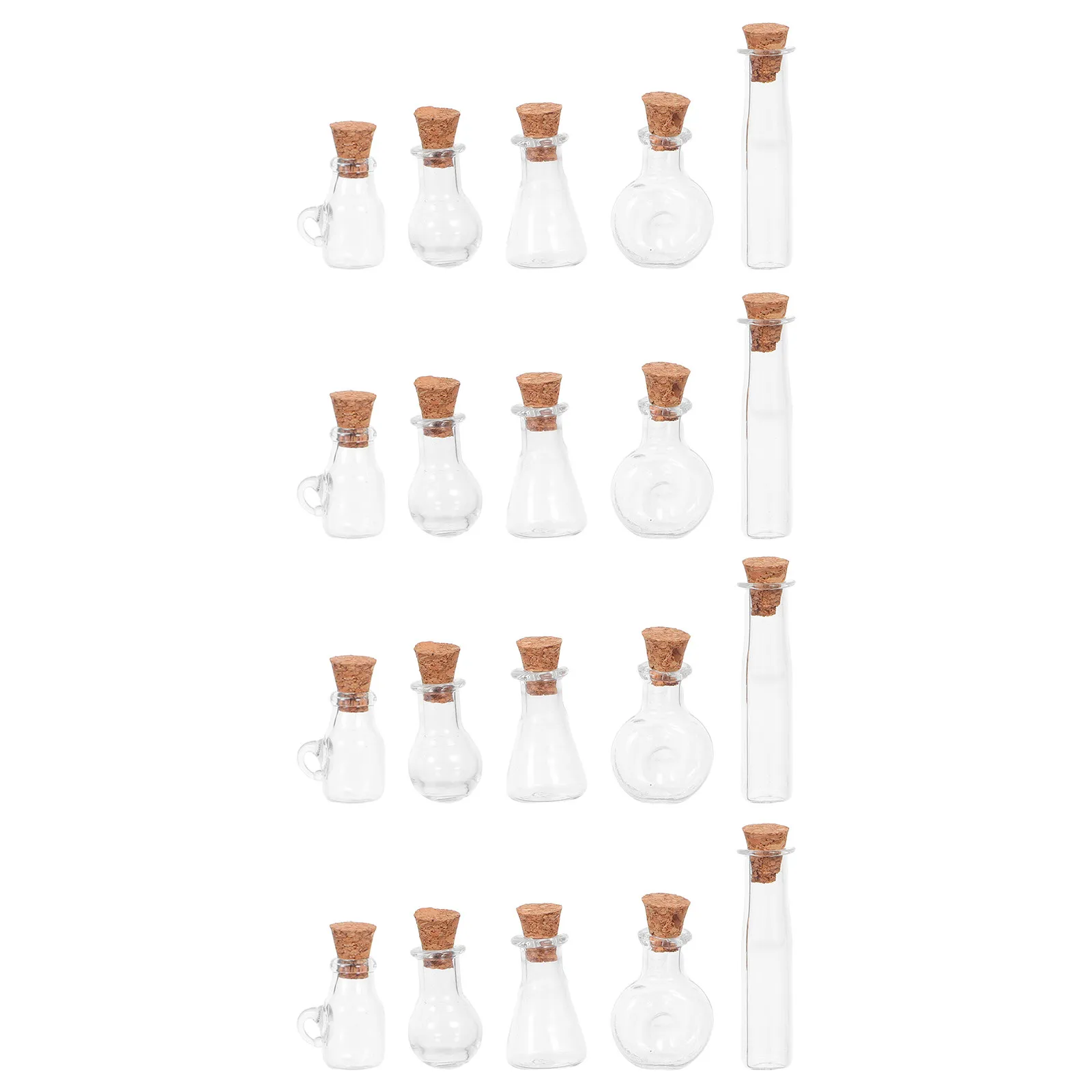 Petites bouteilles transparentes à vœux, bouchons en liège, mini bouteilles en verre de différentes formes, idéales pour bricolage, artisanat, décoration de mariage, 20 pièces