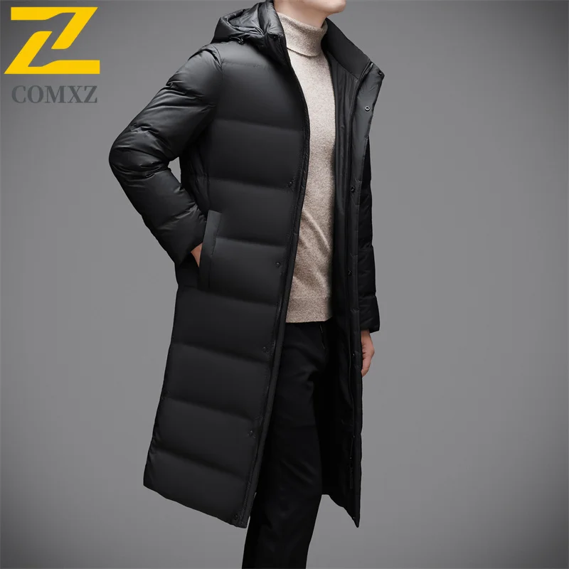 COMXZ Mens Long Down Jacket Casual Hooded Commute Office Lightweight Puffer Jackets Fashion Travel Knee Length Warm Winter Parka