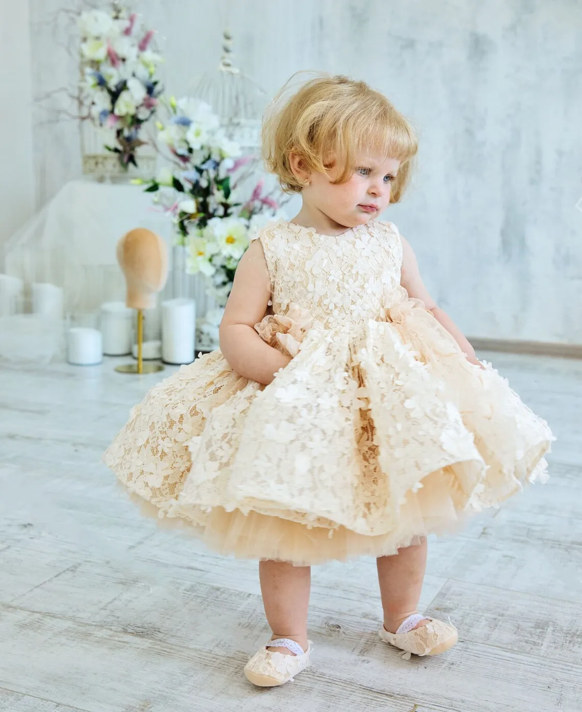 Cute Champagne Flower Girl Dresses For Wedding Kids Floral Lace Bow Party Girls Pageant Dresses Appliqued Birthday Photoshoot