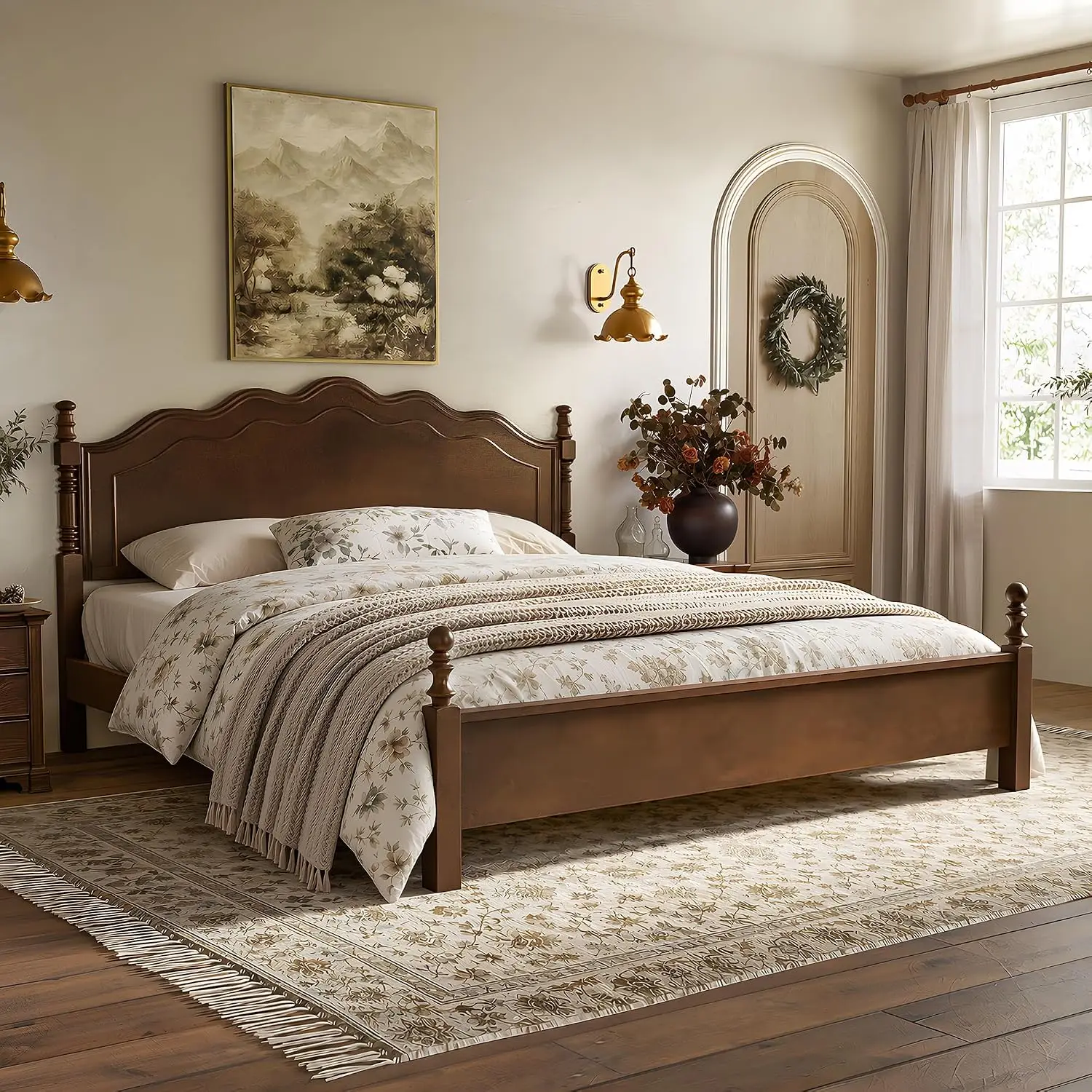 Vintage Wood Platform Bed Frame Spindle Post Curved Headboard No Box Spring Needed King Size, Customized image 3