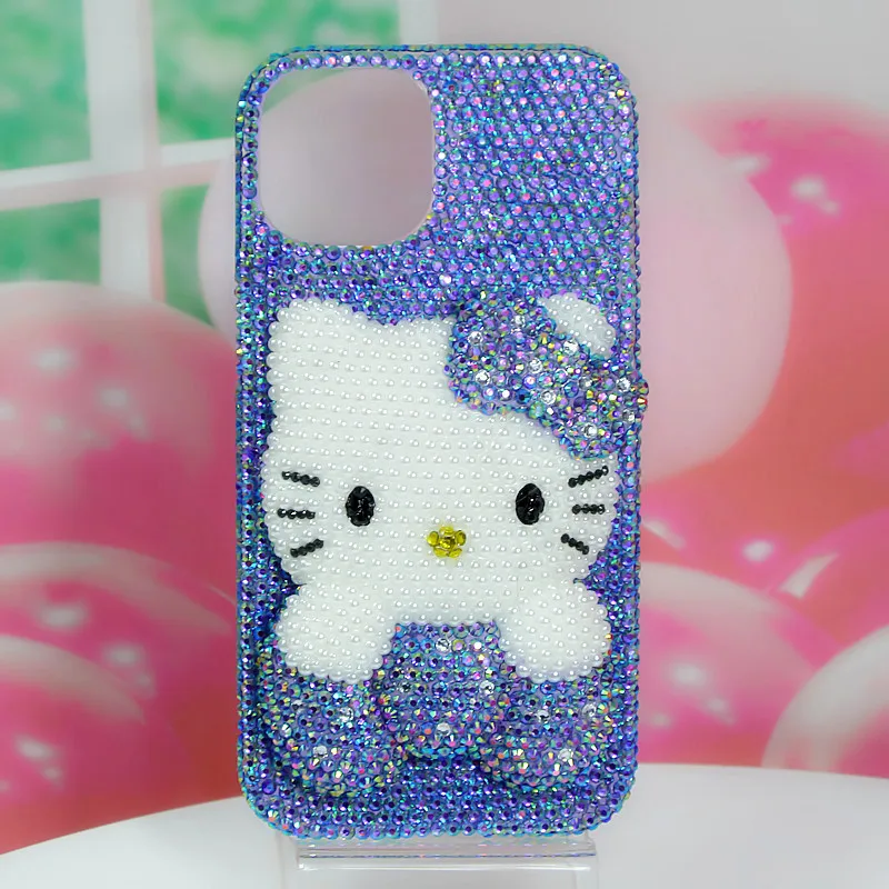 Purple Kt Rhinestone for Iphone17 16 15 14Pro Max Apple Mobile Phone Case Anime Hello Kitty Upscale Girls Gift Anti-Fall Protect