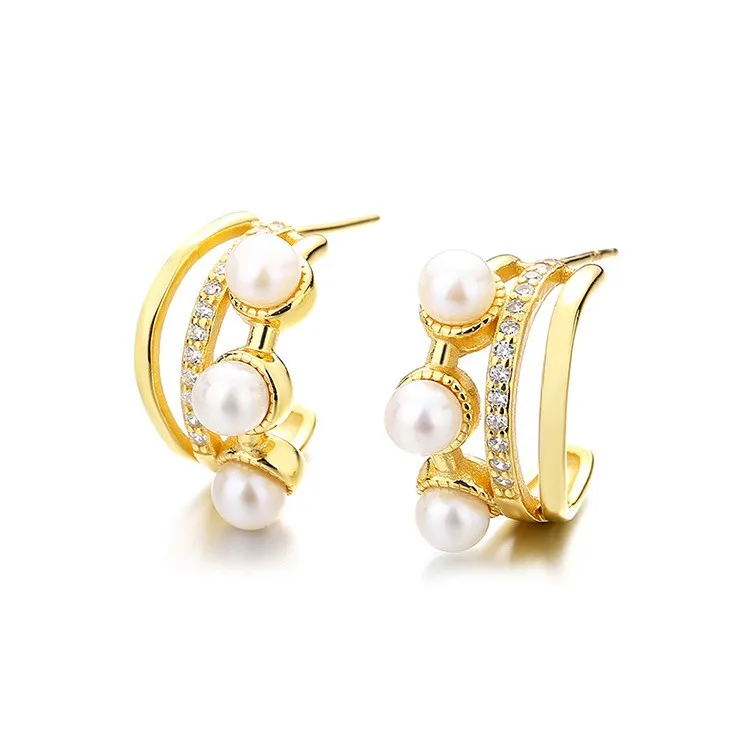 EZ-6 ZFSILVER 925 Silver Korean Fashion Luxury Trendy Gold Diamond-set Letter C Freshwater Pearl Earring Jewelry Women Match-all