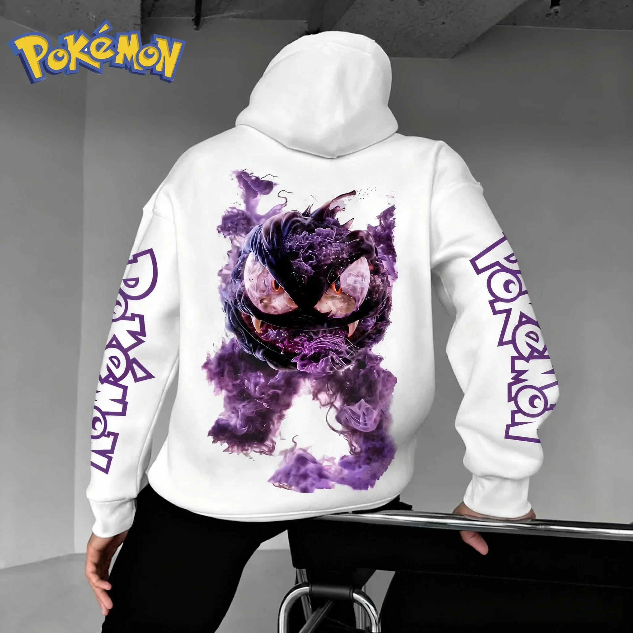 Pokémon Anime Gastly Printed White Hoodie 2026 Autumn/Winter New Street Hip Hop Men's Daily Casual Parent Child Clothing Top