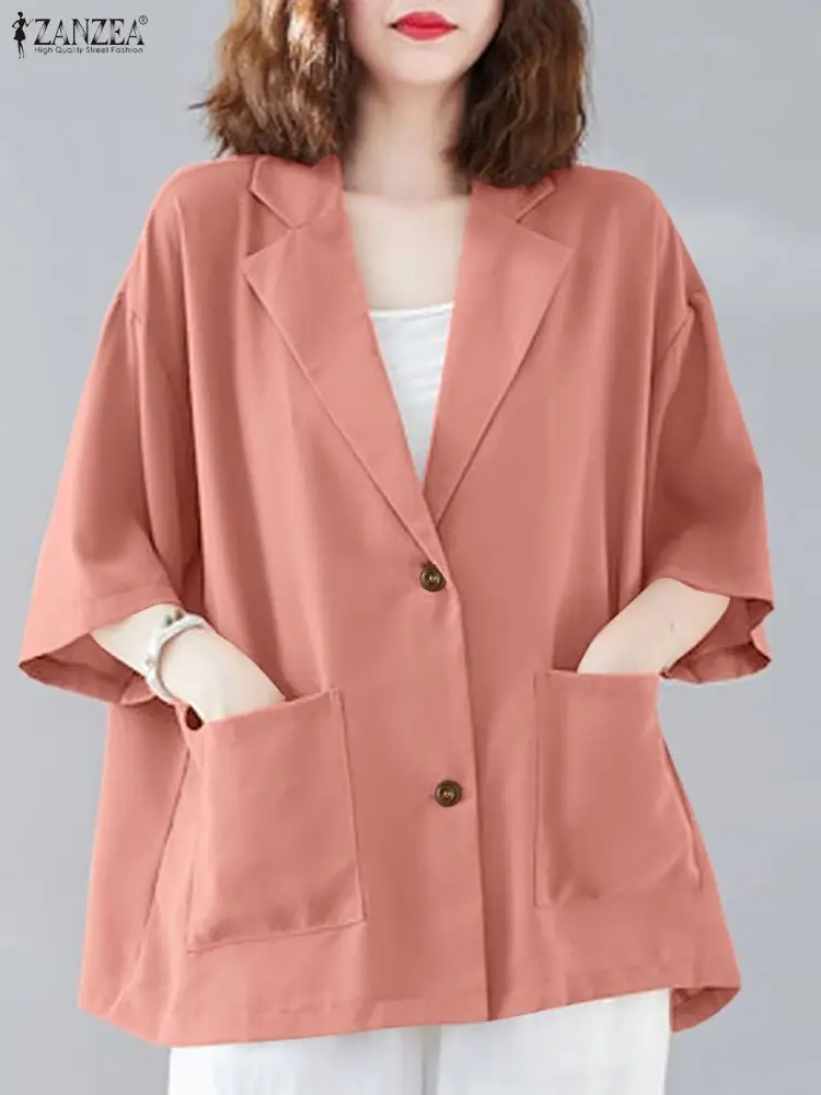 ZANZEA Giacca Sportiva di Moda 2025 Donna Autunno Giacca Allentata Cappotto Vintage Tasche Manica 3/4 Capispalla Femminile Chic Veste Ufficio
