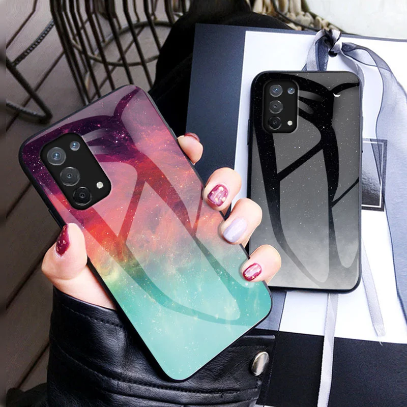 Oppo A74 5G CPH2197 CPH2263 Case Colored Starry Tempered Glass Back Cover Hard Shockproof Case for Oppo A74 5G CPH2197 CPH2263