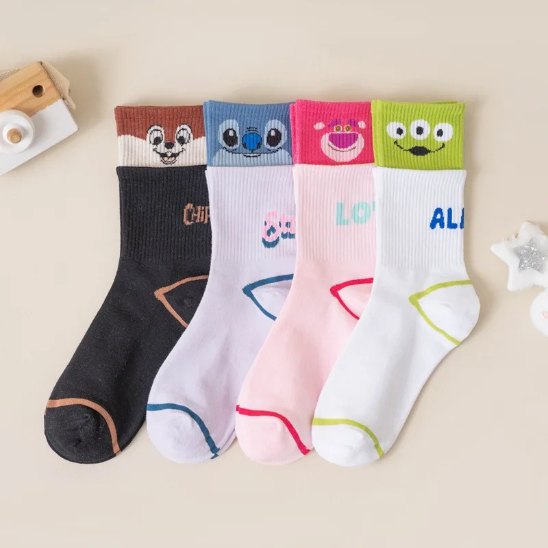 Cartoon Stitch Strawberry Bear Printed Mid Cap Women's Socks Cute Printed Letter Sports Sock Girl Candy Color Casual Socks