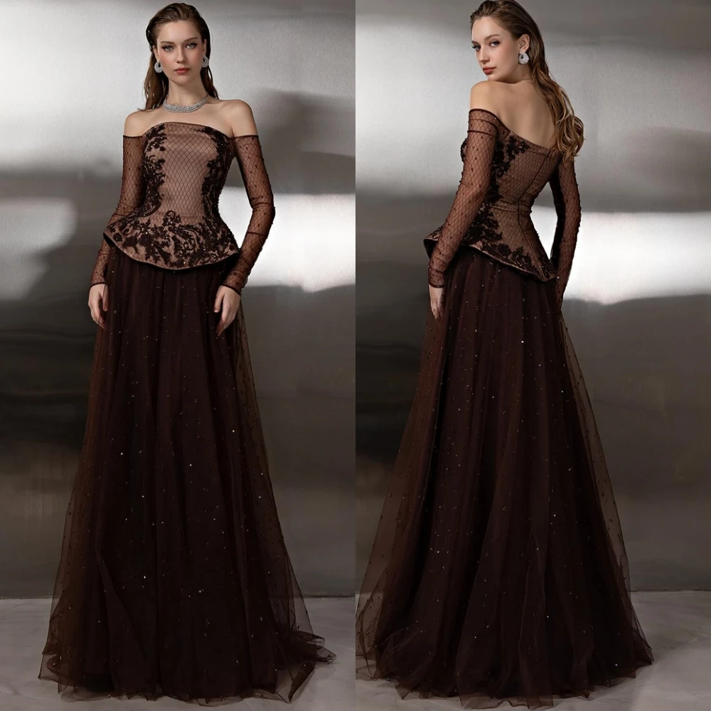 Robe de soirée en Tulle exquise personnalisée, avec des Appliques délicates, col bateau, robes de bal formelles à manches longues, robes d'occasion spéciale